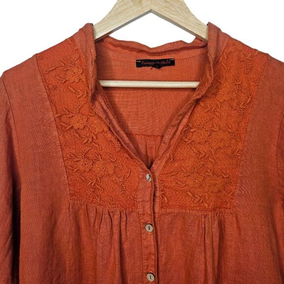 ROMEO GIULIA 100% Linen Top Lagenlook Button Down VNeck 3/4 Sleeve Orange Medium - Picture 2 of 7